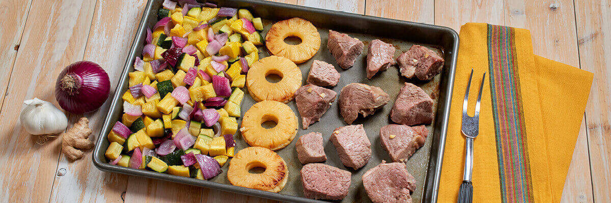 Sheet Pan Sirloin Tips with Summer Squash and Pineapple