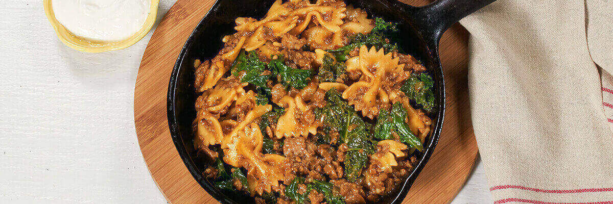 Veggie Crumbles with Bowtie Pasta and Kale